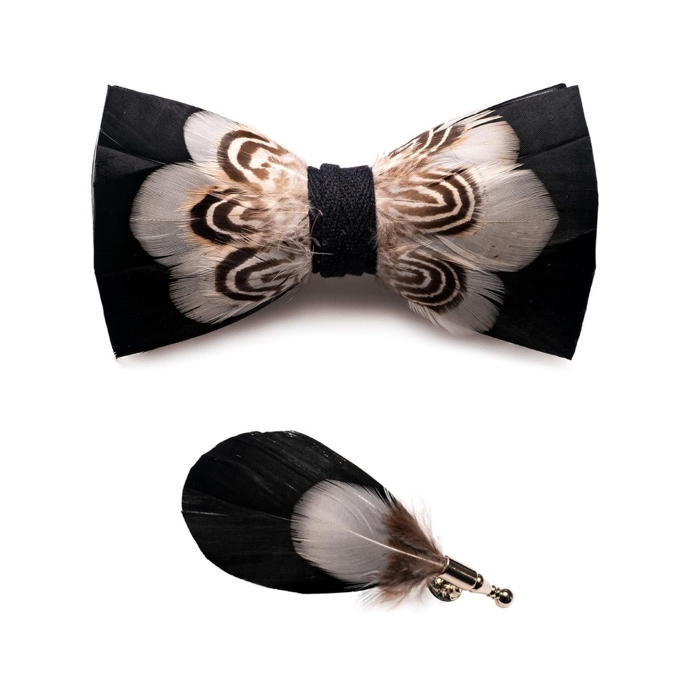 Men’s Natural Feather handmade Pre Tied Bow Tie and Matching Lapel Pin Set White